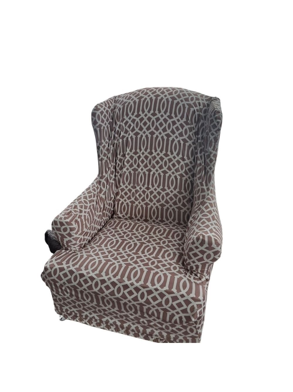 WINGBACK CHAIR stretch cover taupe white print coastal beachy neutral shade